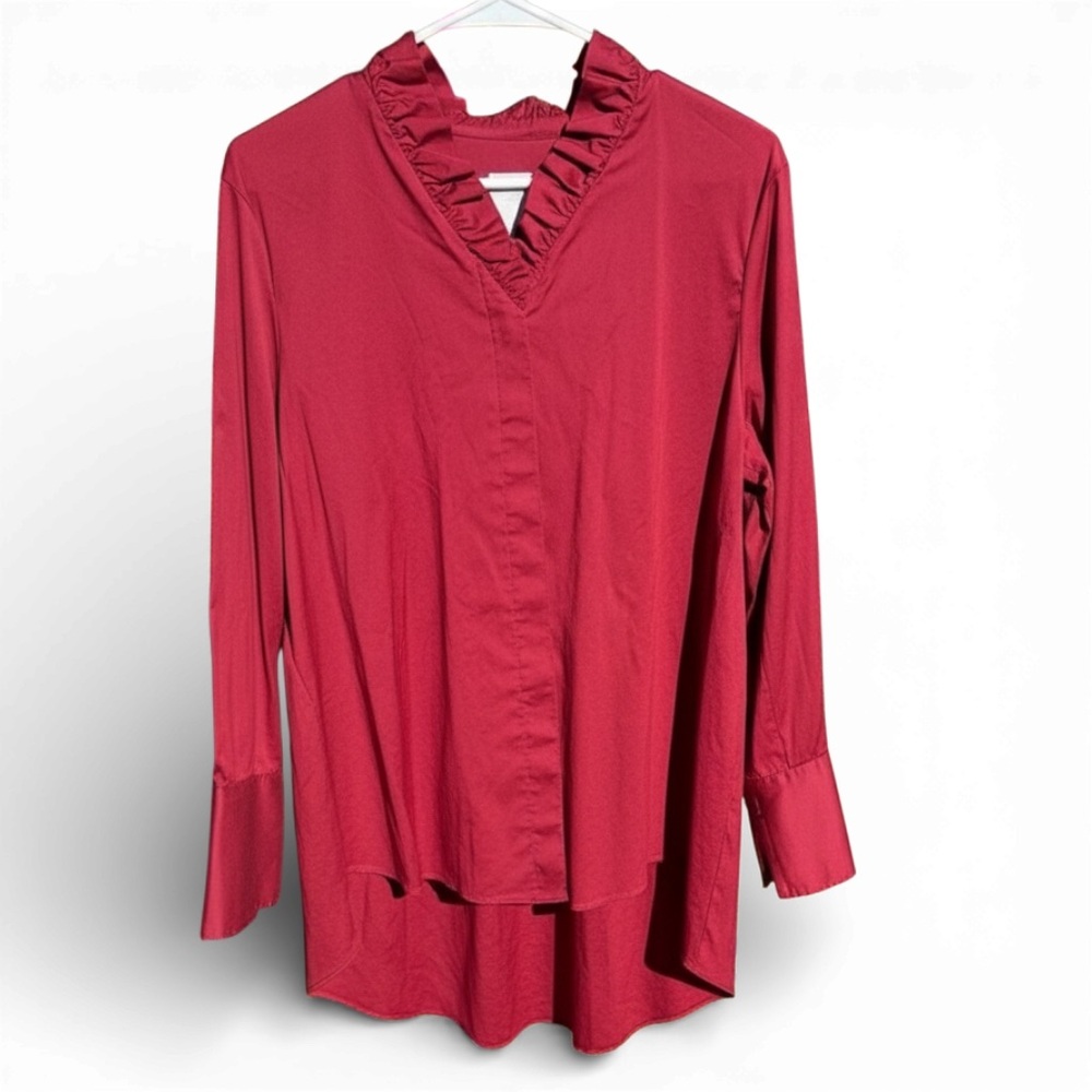 Chico’s Ruffle-Neck Long Sleeve Tunic Blouse in Burgundy Size 2 = L